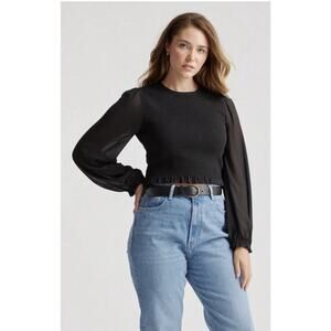 Quince Women's Black Chiffon Cropped Smocked Long Sleeve Blouse Top - Size L